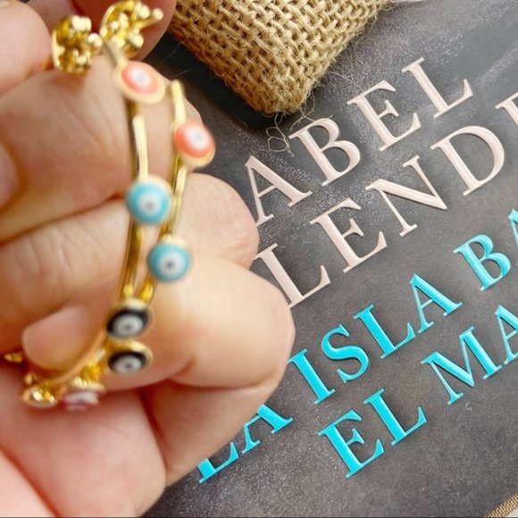 GOLD STATEMENT EYE OF GOD BOHO HOOPS EARRINGS - Picture 3 of 6